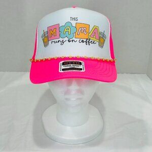"This Mama Runs on Coffee" OTTO Lady Foam Trucker Hat w/ Chain - Pink & White